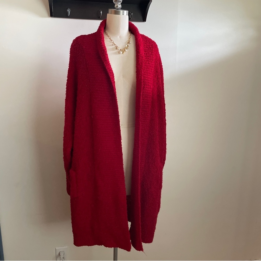 Vintage long Cozy cranberry Red Women's open front cardigan Sweater fuzzy